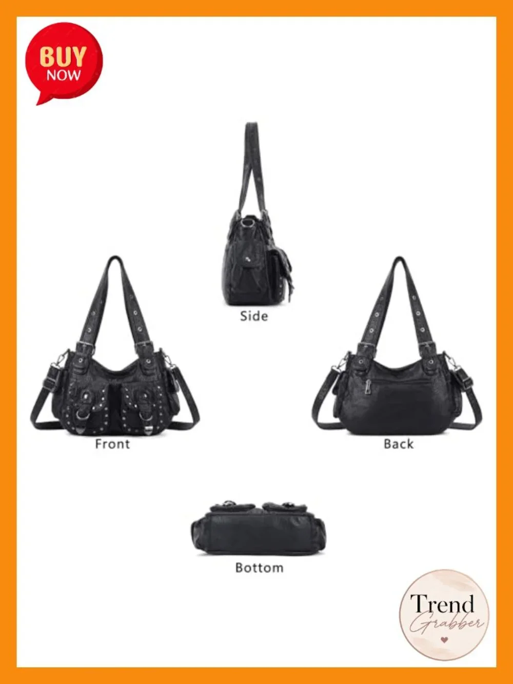 Vegan Leather Hobo Shoulder Bag Multi Pocket Studded Y2K Tote